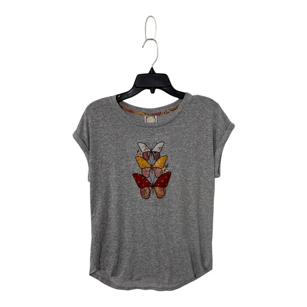 Tru Self Womens Heather Gray Butterfly Embroidered Short Sleeve Top Size L